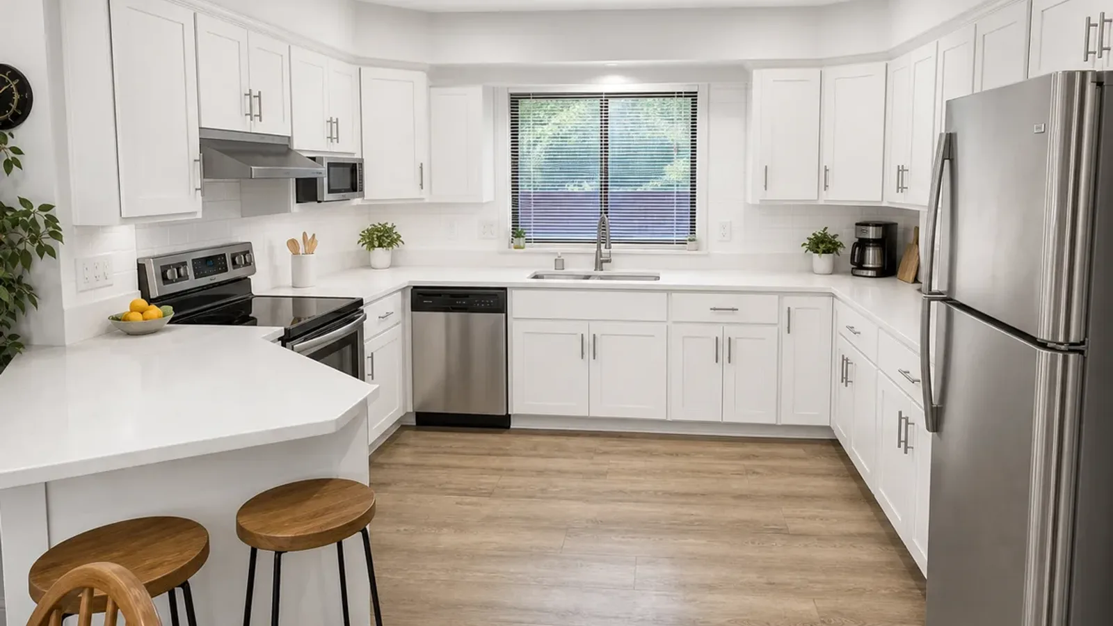 Renovated kitchen with white cabinets, Vancouver