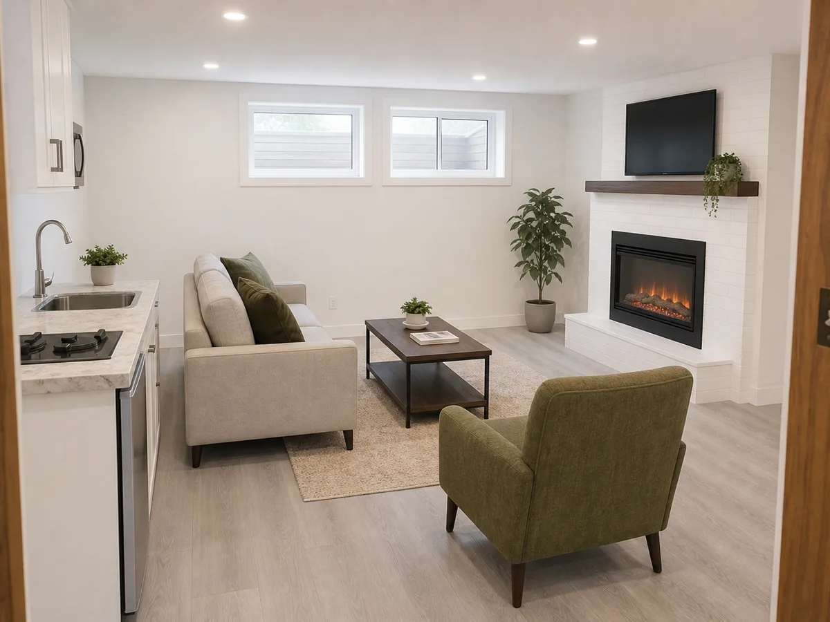 Bright renovated 1-bed suite living area with kitchenette, Burnaby
