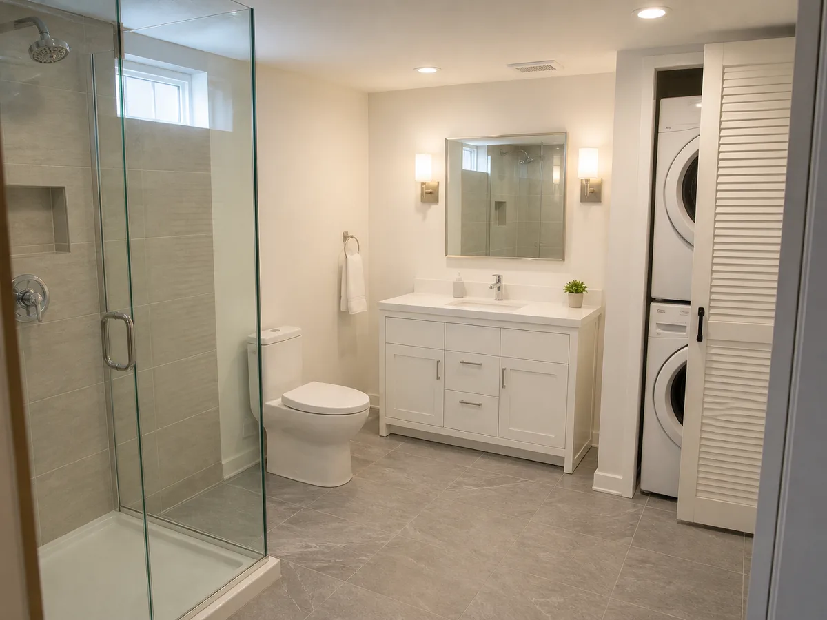 New suite bathroom with shower and stacked laundry closet, Burnaby