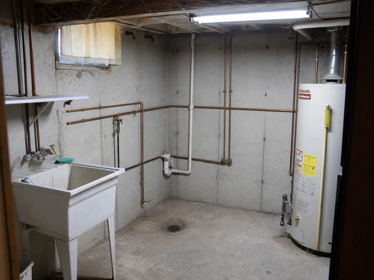Basement utility corner with laundry sink and exposed pipes before the new bathroom, Burnaby