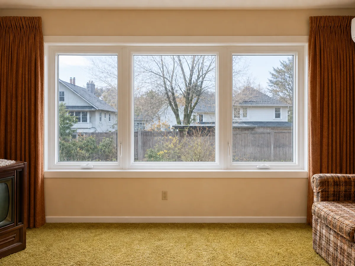 New double-glazed vinyl windows in the same living room wall, Burnaby