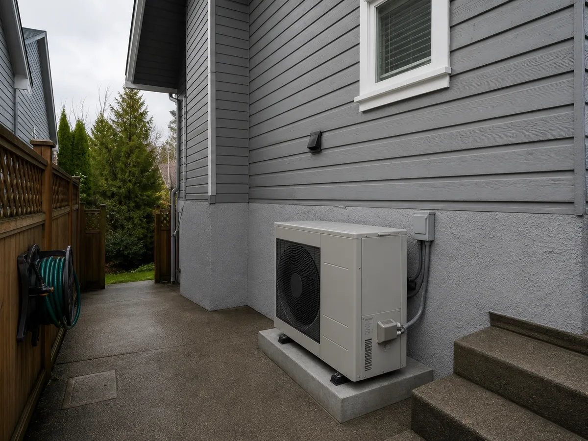 Side yard with new heat pump condenser, Burnaby