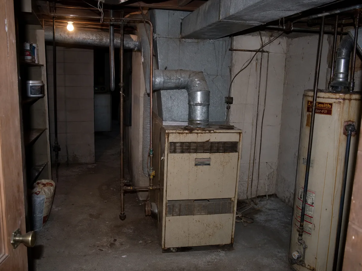 Old gas furnace and ducting in the mechanical room before the heat pump, Burnaby