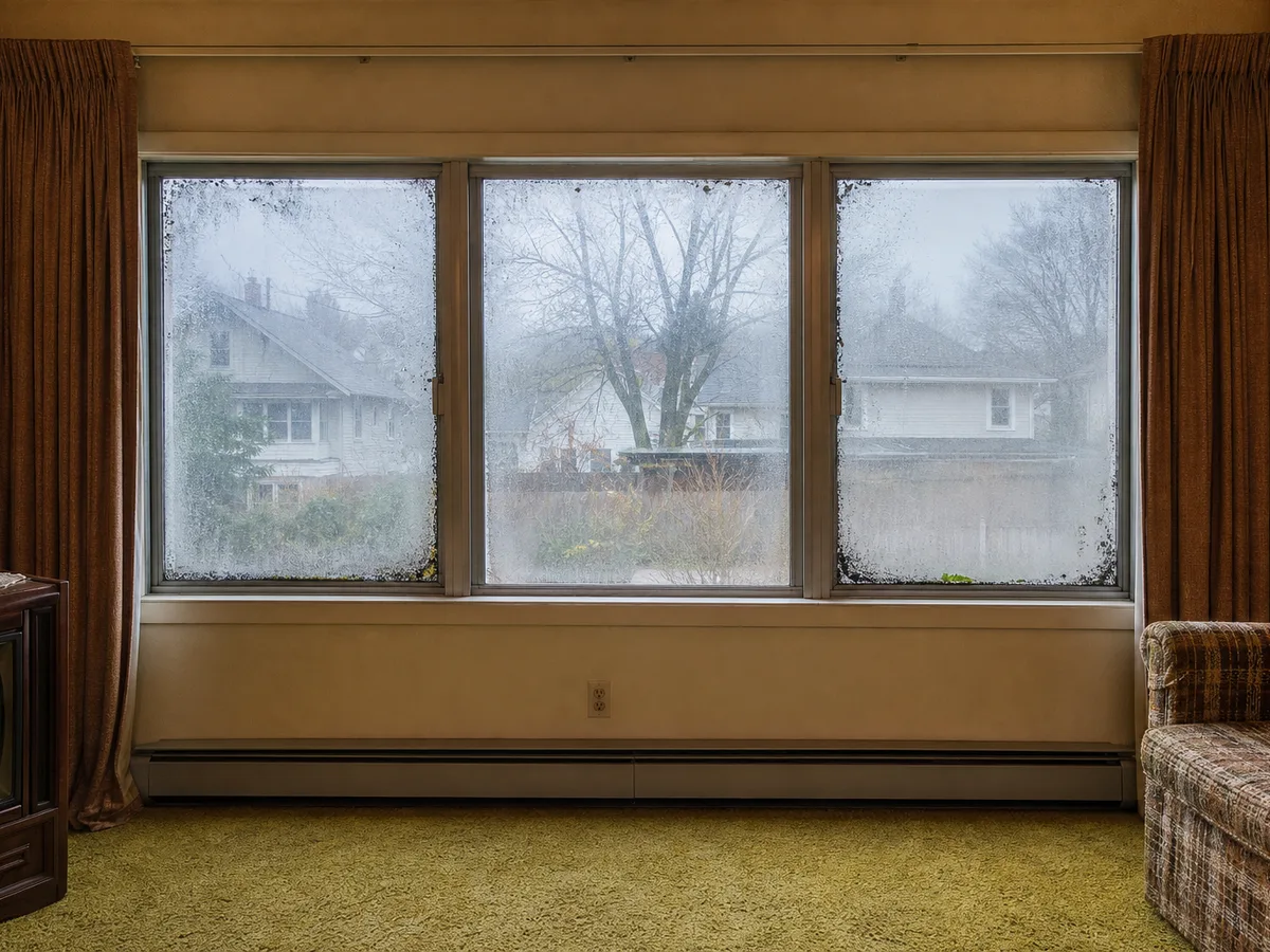 Single-pane aluminum windows with condensation before replacement, Burnaby