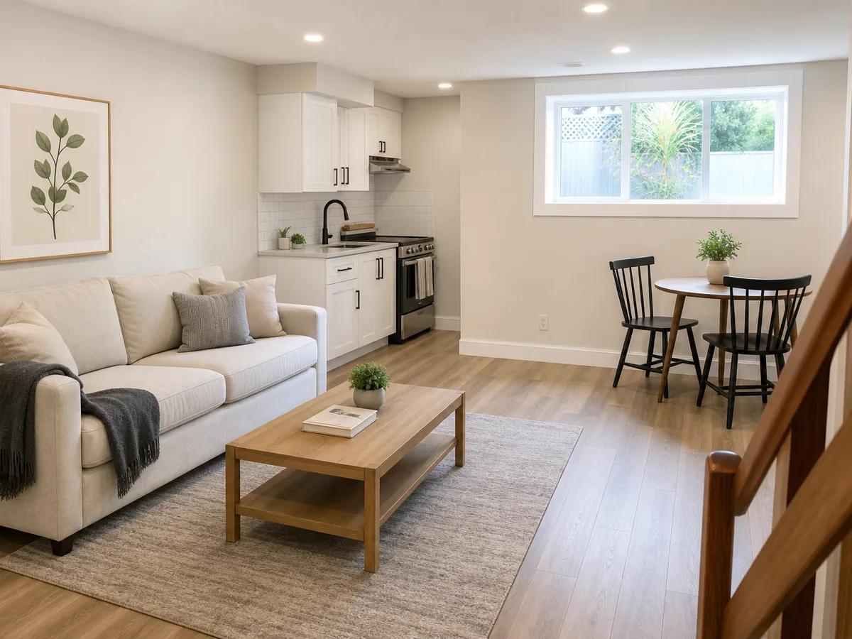 Finished legal basement suite living room with kitchen corner, Coquitlam