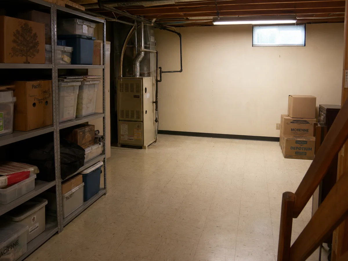 1980s basement full of storage shelving before the legal suite conversion, Coquitlam