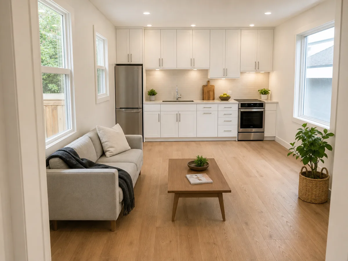 Accessible kitchen and living space in the finished laneway home, Dunbar, Vancouver
