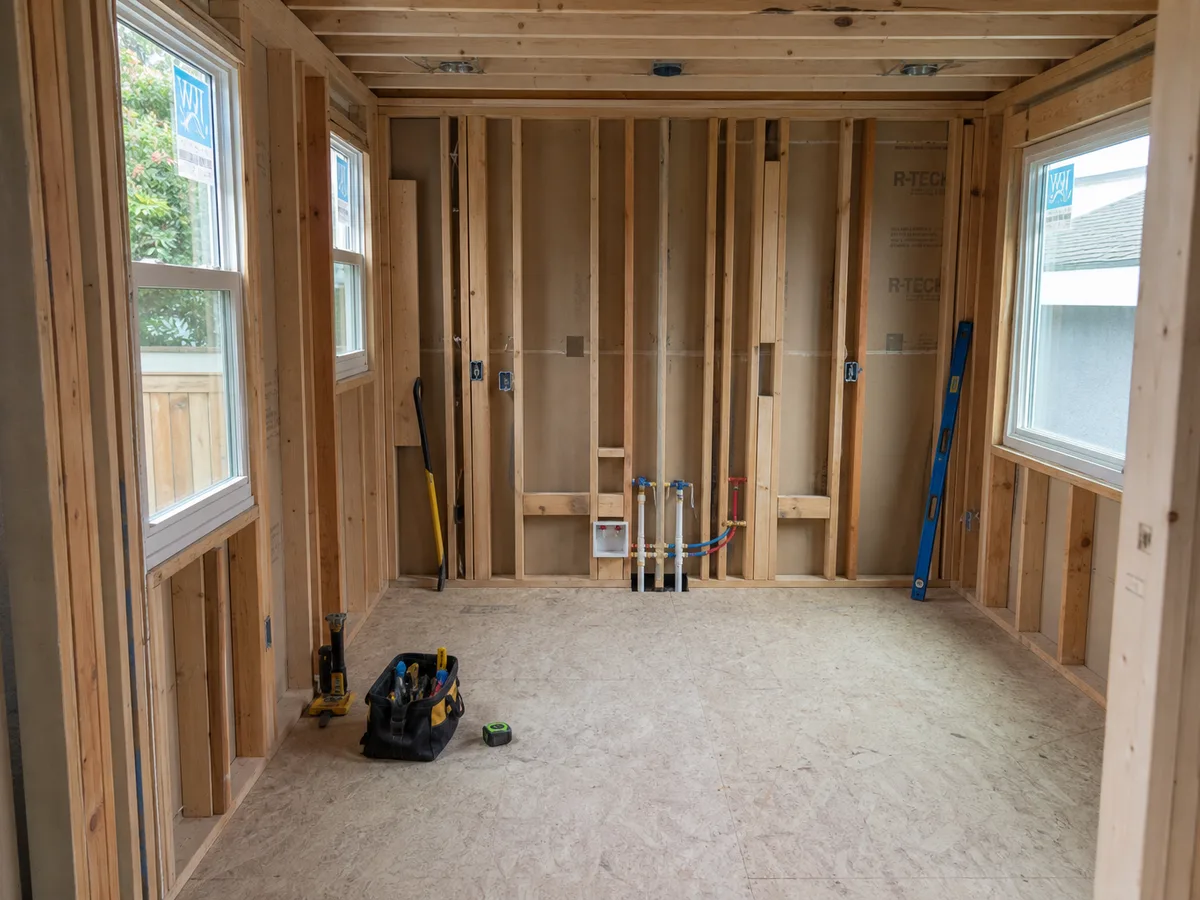 Laneway home interior at framing stage with plumbing rough-in, Dunbar, Vancouver