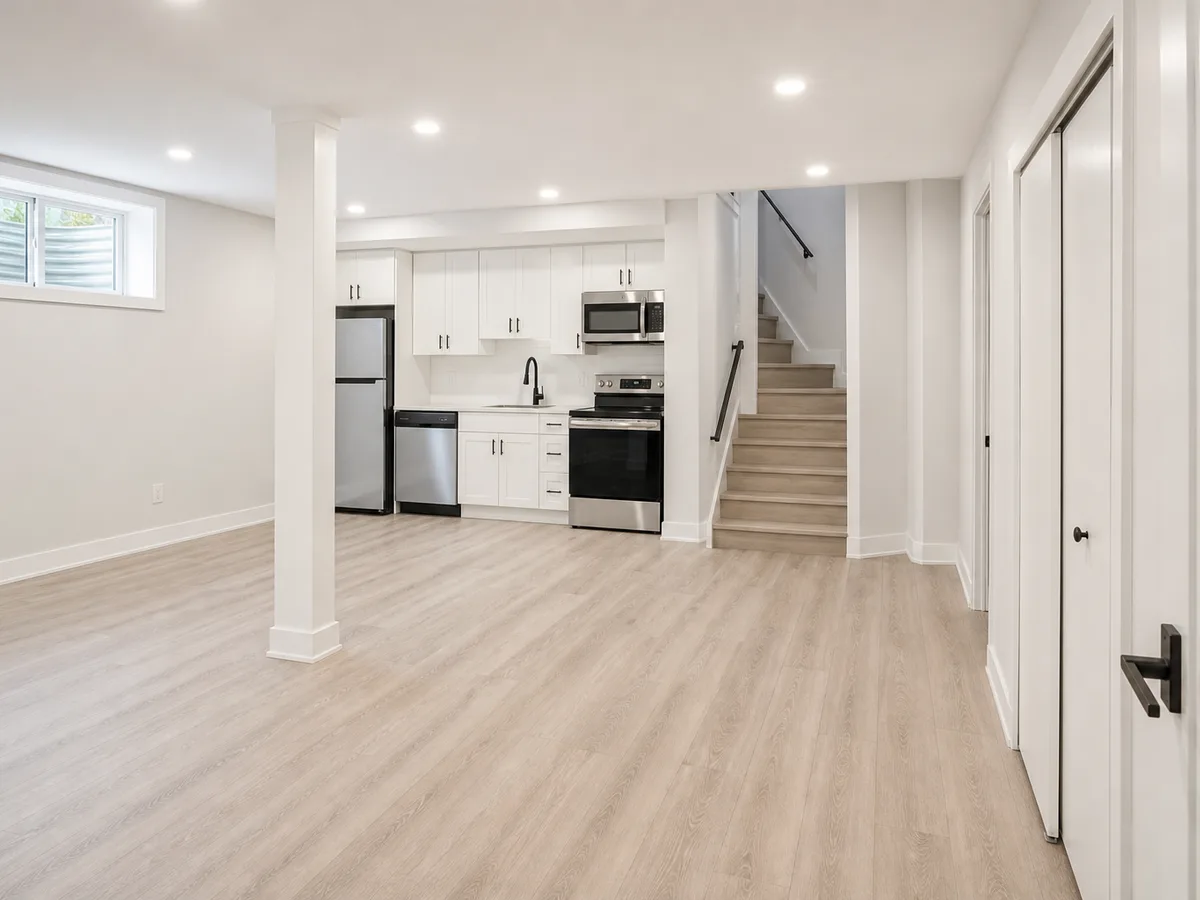 Renovated basement suite living area with white kitchen and vinyl flooring, East Vancouver