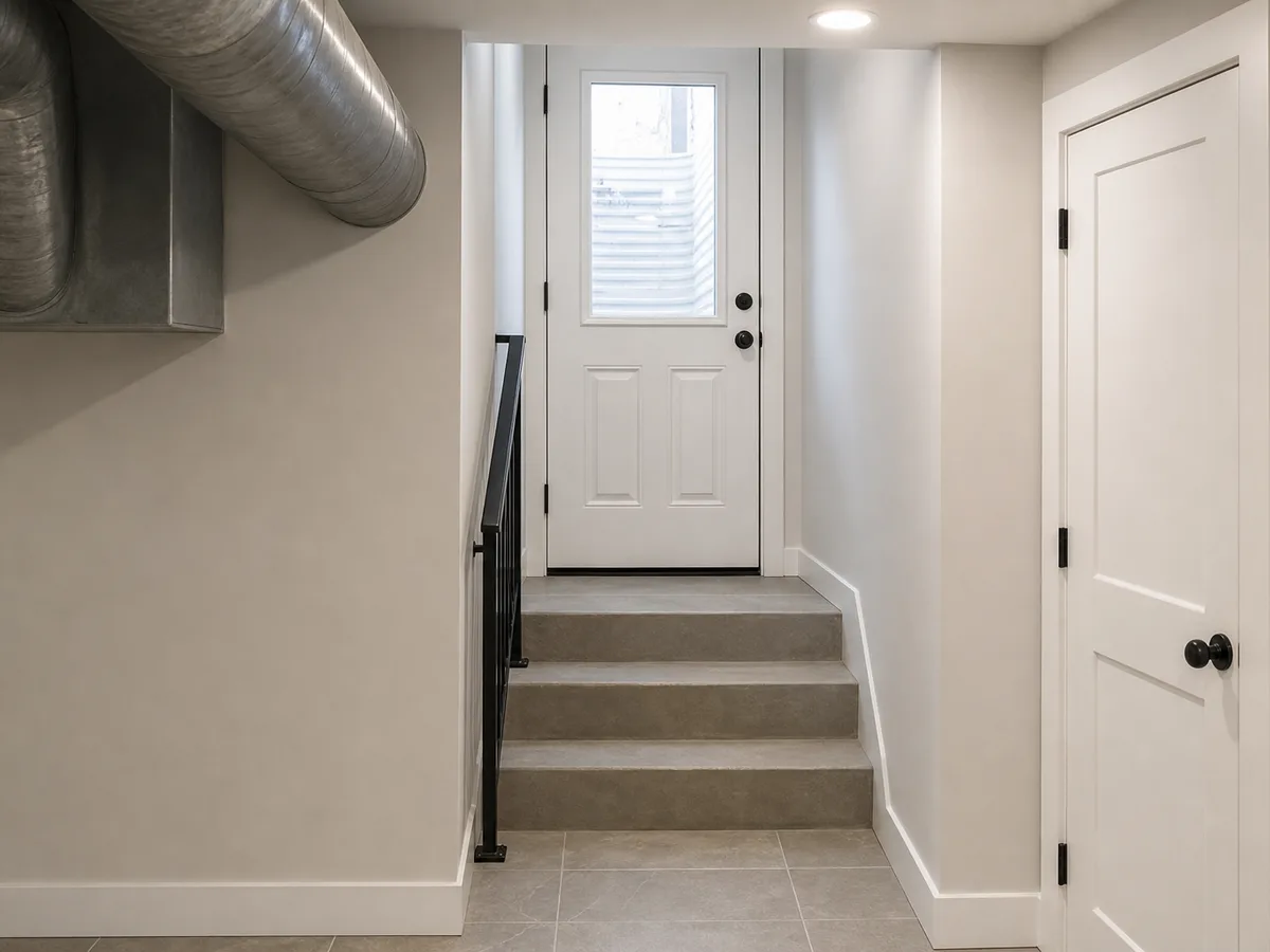 New suite entrance hallway with modern door and tile floor, East Vancouver