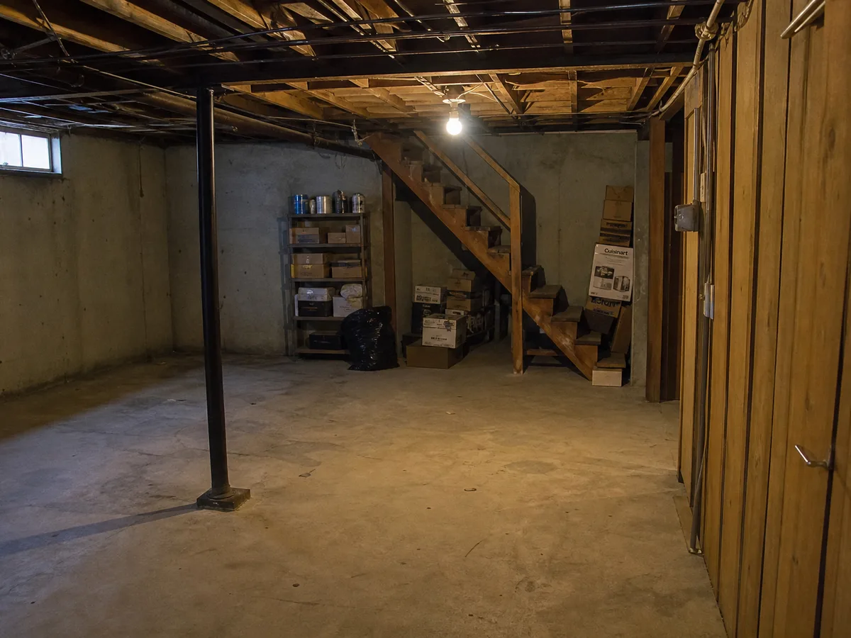 Unfinished 1968 basement with exposed joists and concrete floor before conversion, East Vancouver