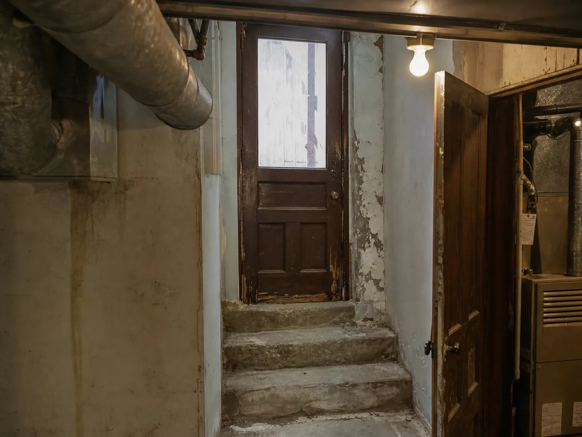 Old basement side door and dark hallway before suite entrance was built, East Vancouver