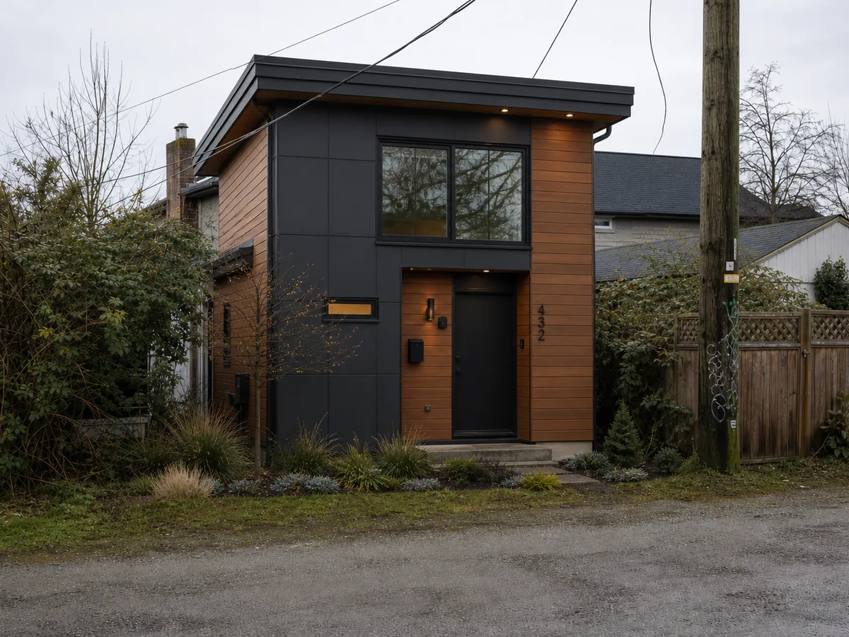 New two-storey laneway home with cedar and Hardie siding on the lane, East Vancouver
