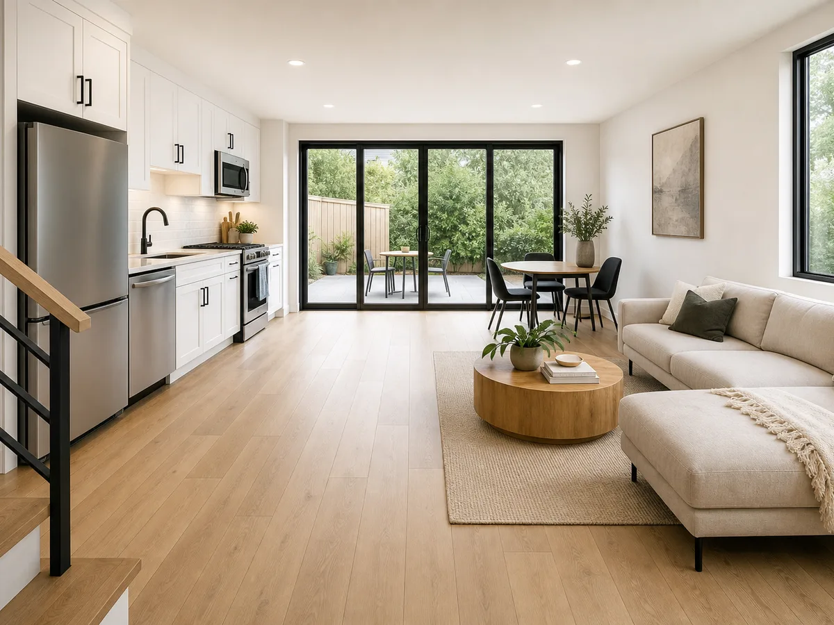 Open living and kitchen inside the finished laneway home, East Vancouver