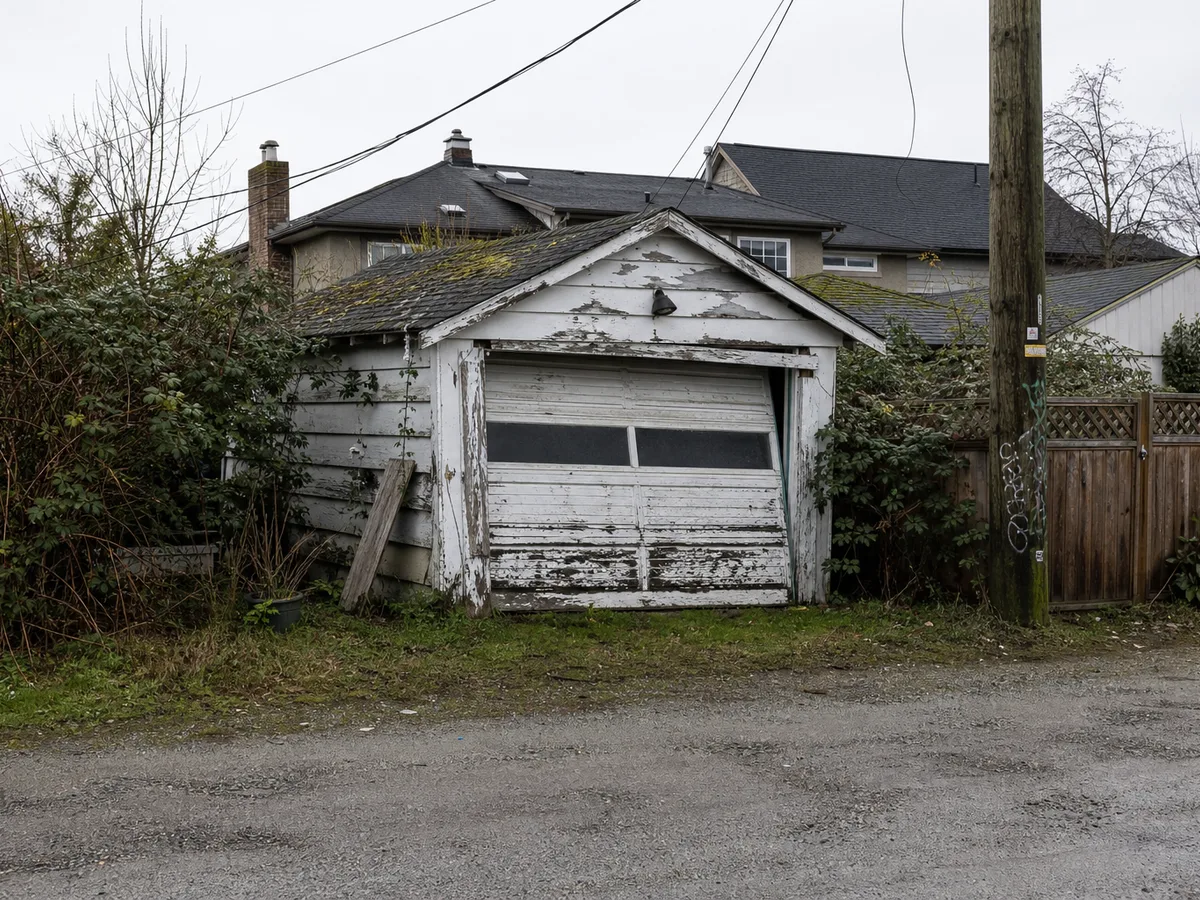 Old sagging single garage on the lane before the laneway home was built, East Vancouver