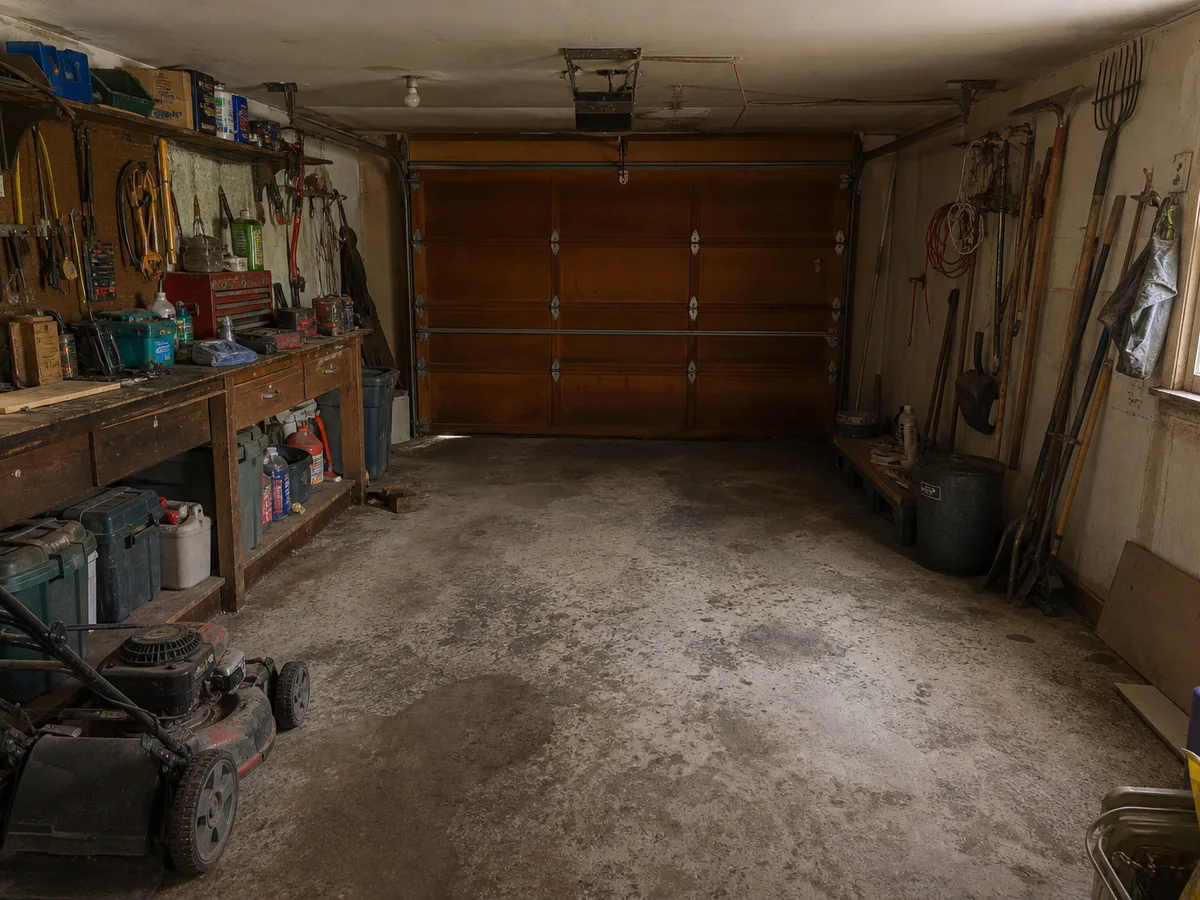 Cluttered garage interior with workbench and oil-stained floor before demolition, East Vancouver