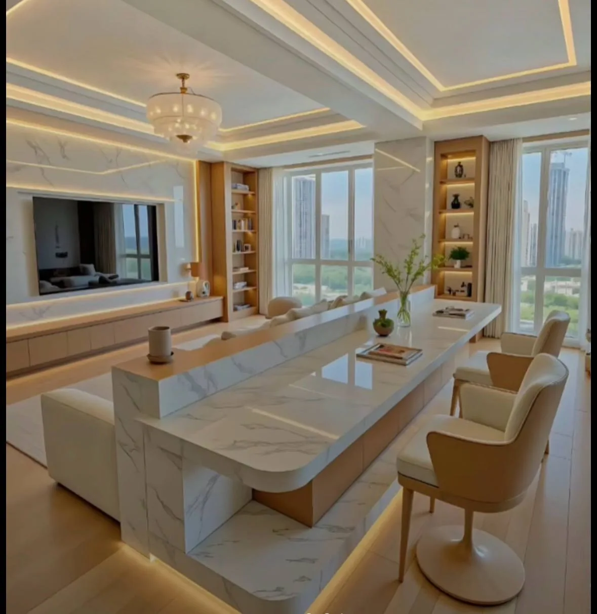 Brick bar base under construction with city windows, then finished white marble bar with integrated lighting.
