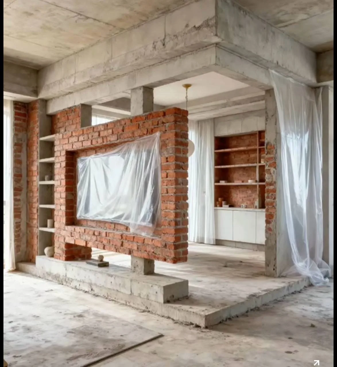 Apartment Interior: Media Partition & Marble Bar — before — Brick media partition with TV cutout during construction, then finished backlit white media wall and herringbone platform.