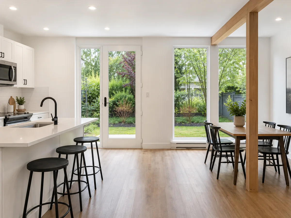 Open kitchen and dining area in a garden-level suite with large windows, North Vancouver
