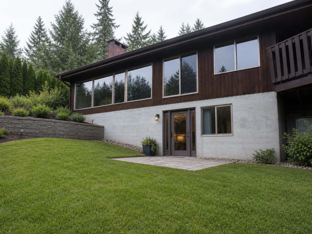 New walk-out suite entrance with glass door and patio from the garden, North Vancouver