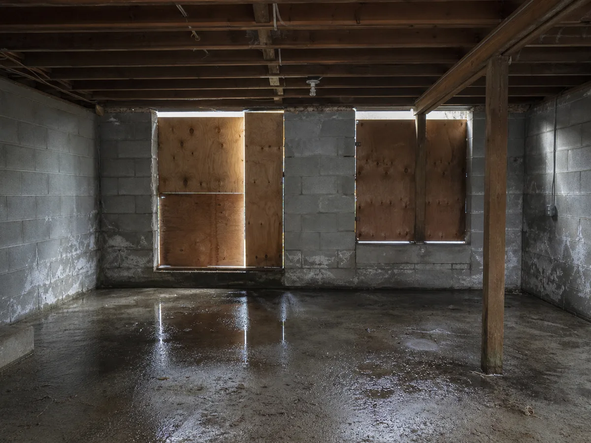 Damp unfinished garden-level basement with boarded windows before renovation, North Vancouver