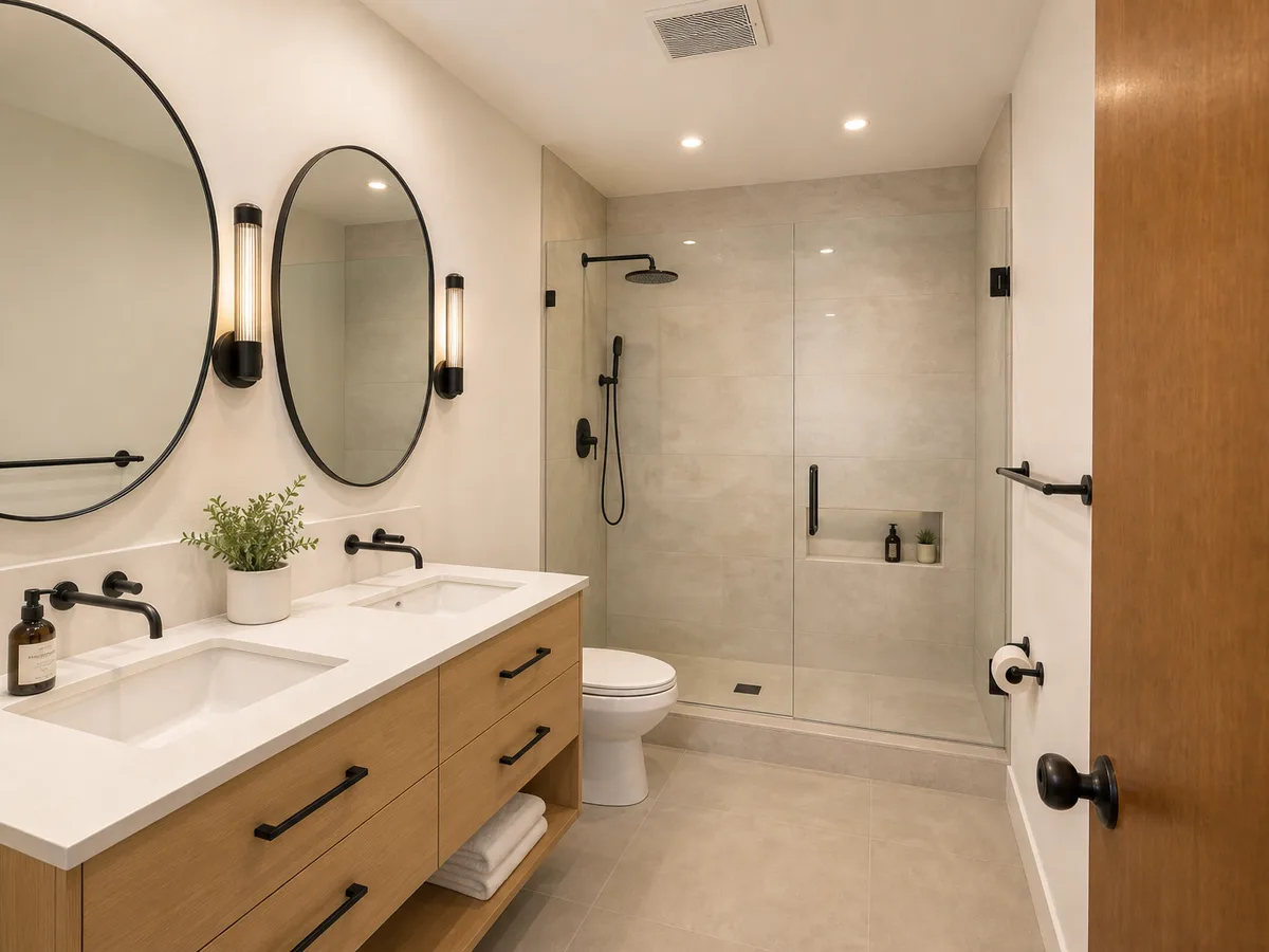 Renovated ensuite with double vanity and glass walk-in shower, North Vancouver