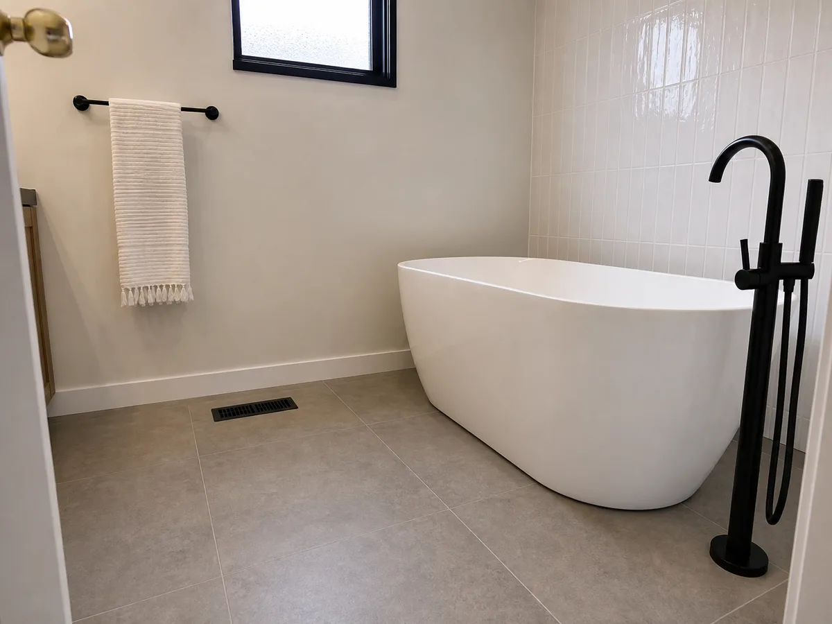 Heated tile floor and freestanding tub corner with the same window, North Vancouver