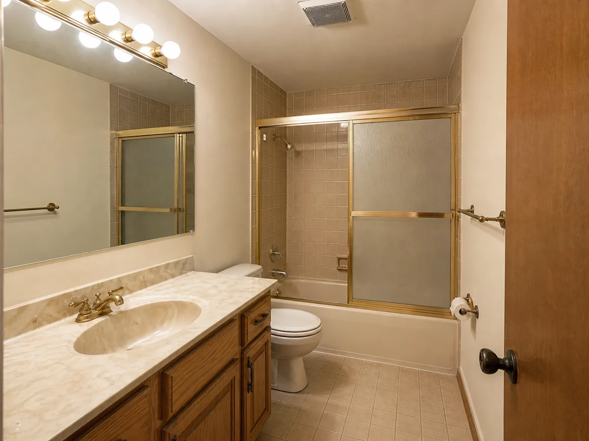 Cramped 1980s ensuite with single vanity and tub before renovation, North Vancouver