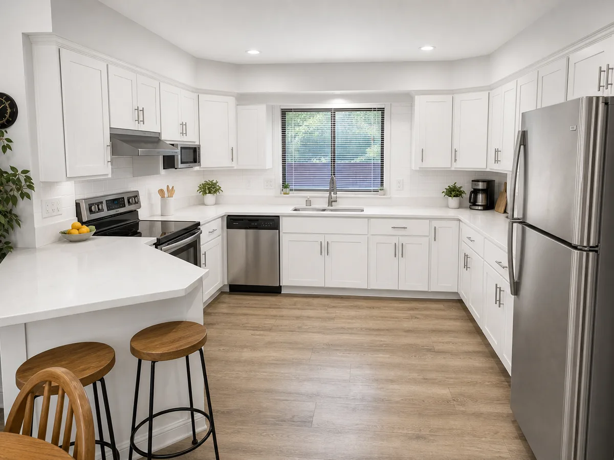 Updated kitchen with white shaker cabinets and quartz counters, Surrey