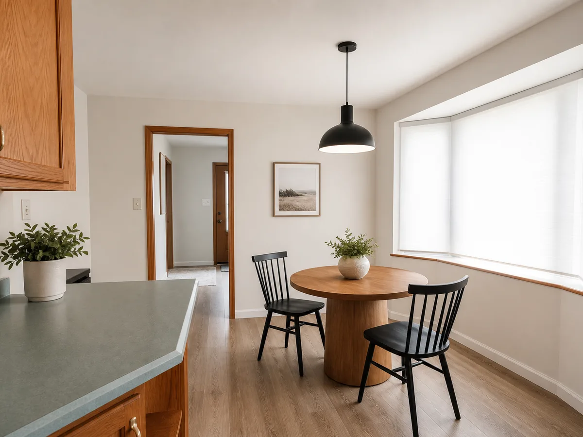 Refreshed eating area with new flooring and modern lighting, Surrey
