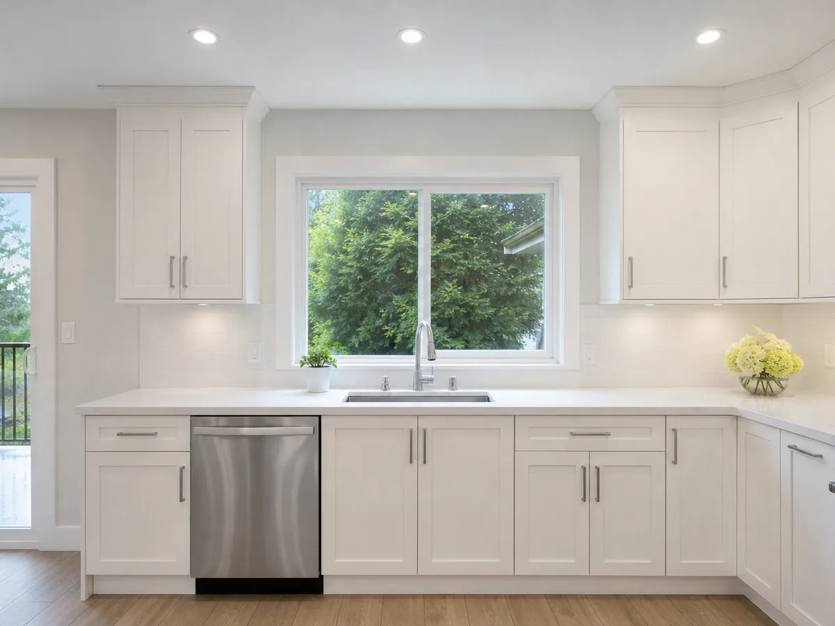 Updated sink wall with white cabinets, Surrey